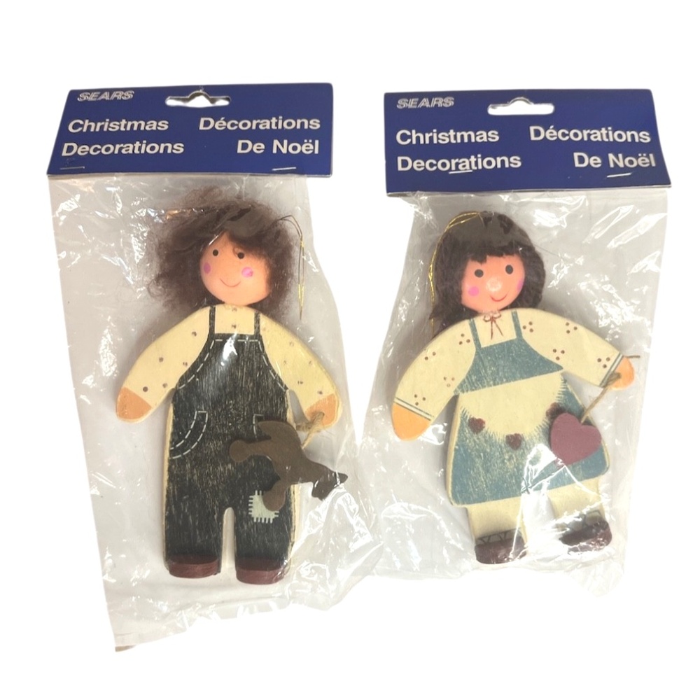 Vintage Sears Dead Stock Wooden Doll Christmas Ornaments Set Of 2 - Boy & Girl